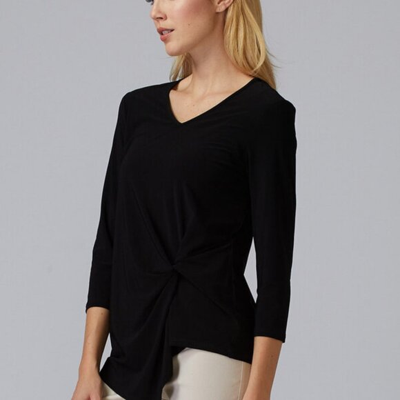 Joseph Ribkoff Knot Front Asymmetric Hem 3/4 Sleeve Top 193138 Black Womens 12 - Picture 3 of 8